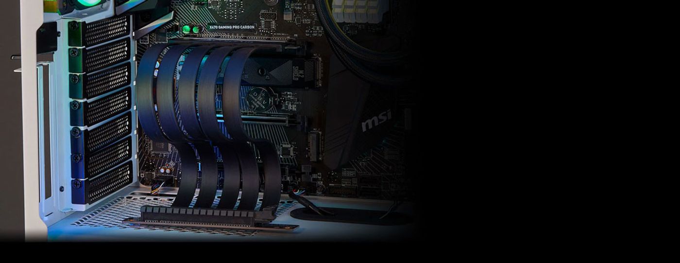 Flexible five-wire banded CORSAIR PCIe extension cable bent into a curve