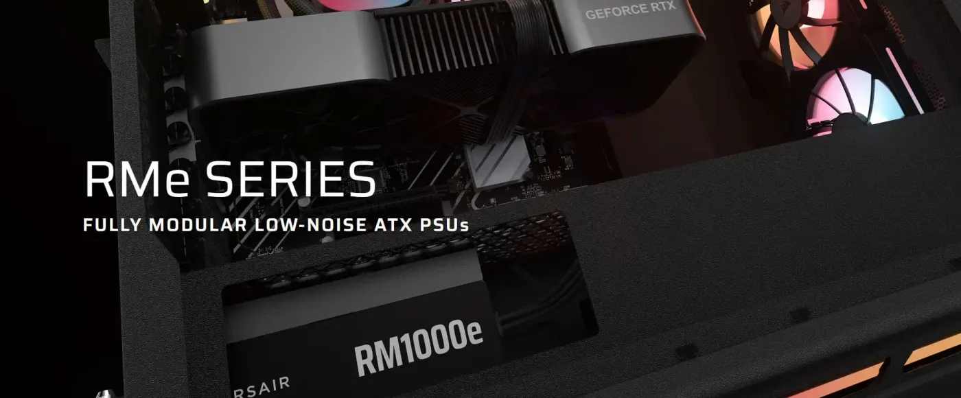 Corsair RMe Series RM1000e power supply seen from the front