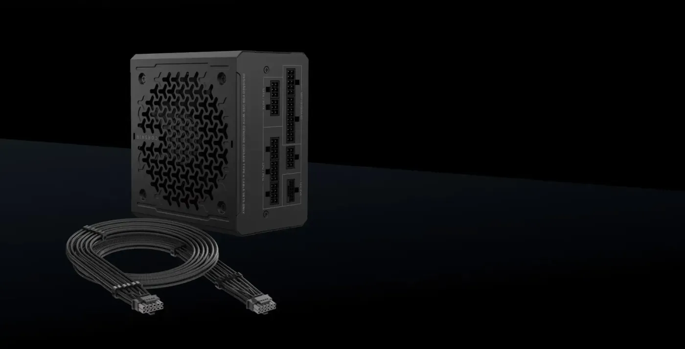 Front view of the compact Corsair RM1000e power supply unit