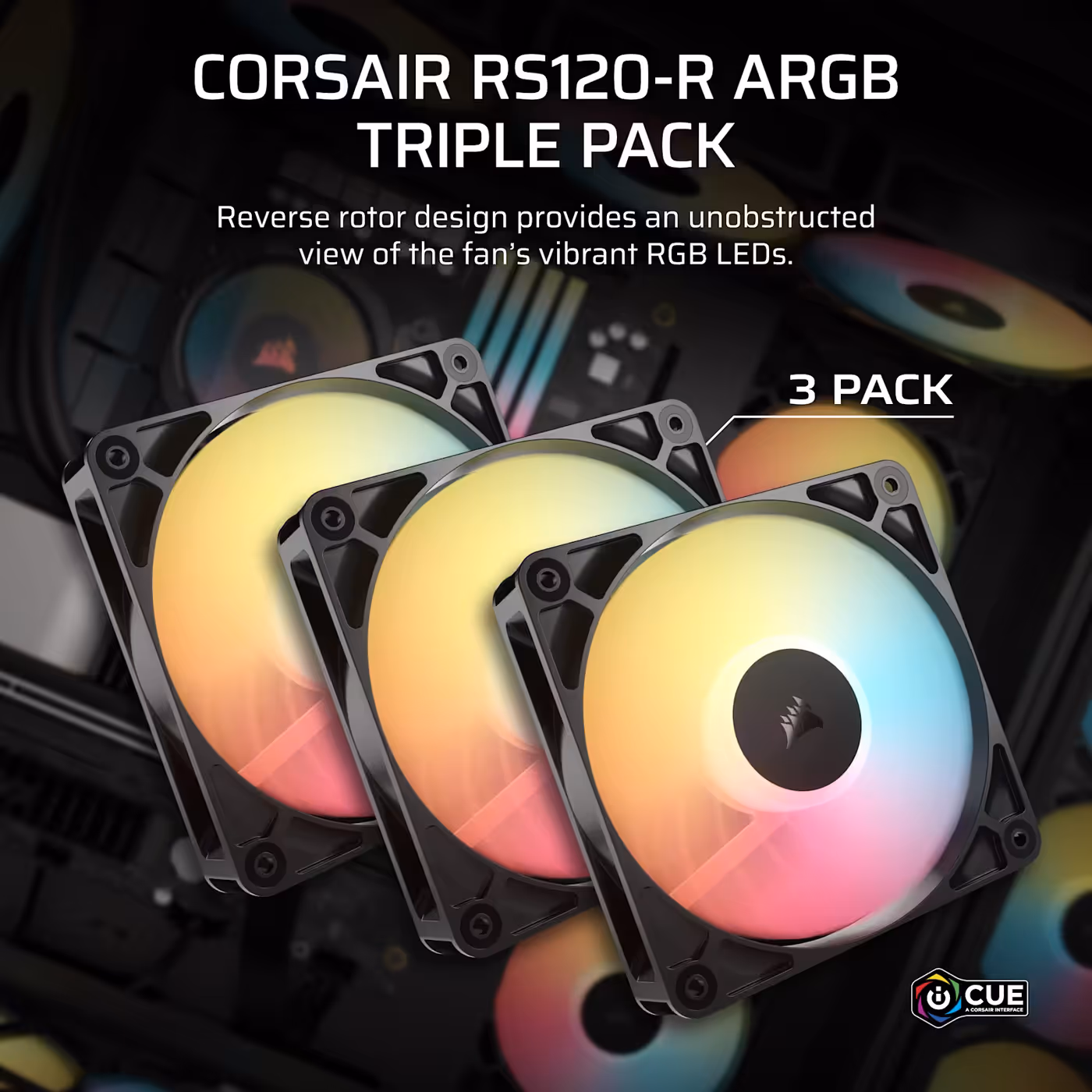 The CORSAIR RS120-R ARGB triple pack shown with all three fans lit