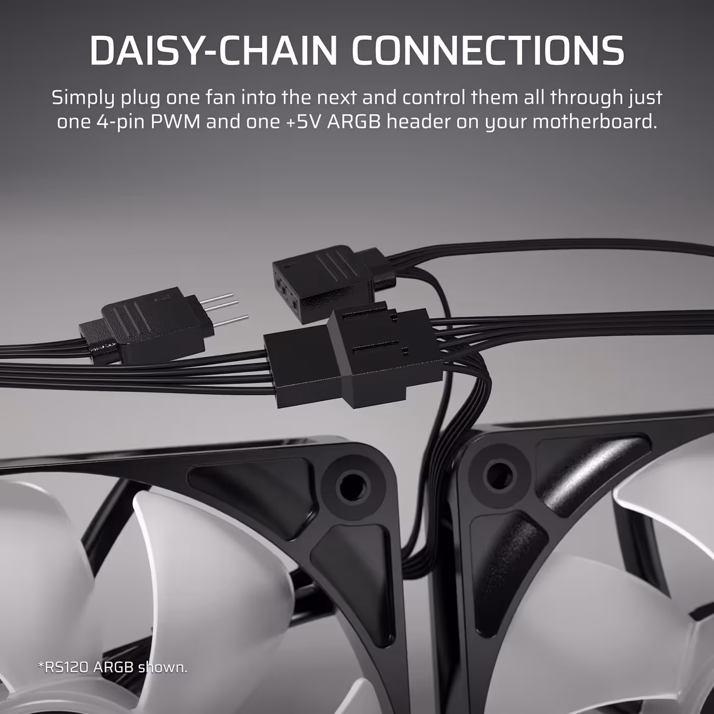 Daisy-chain connectors linking RS120-R ARGB fans through one PWM and one ARGB header