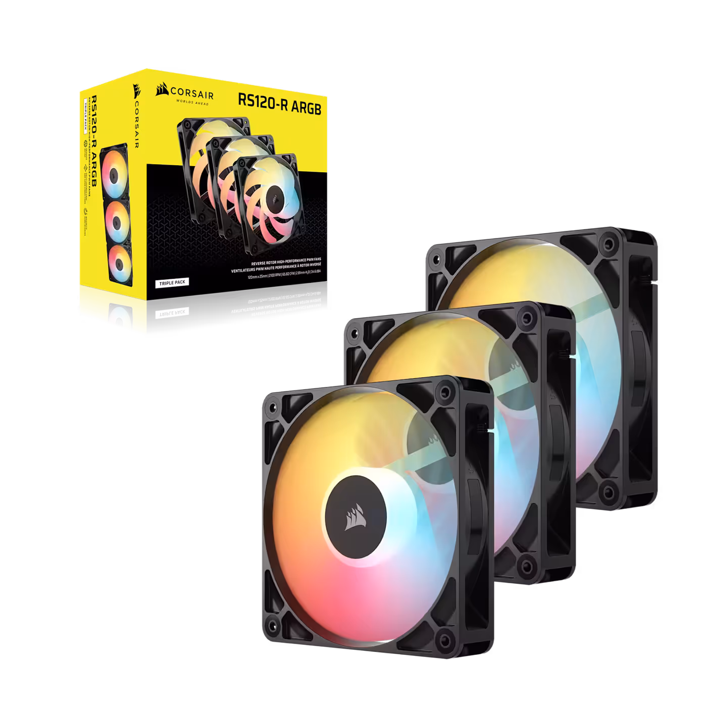 RS120-R ARGB triple pack retail box shown alongside the three fans