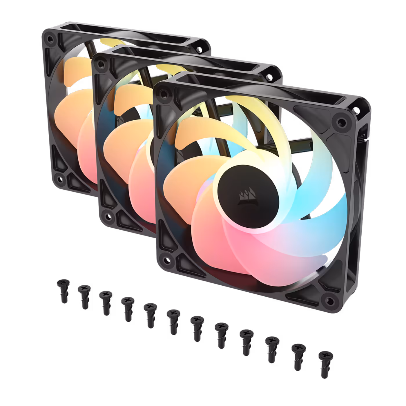 Three RS120-R ARGB fans shown with the supplied mounting screws