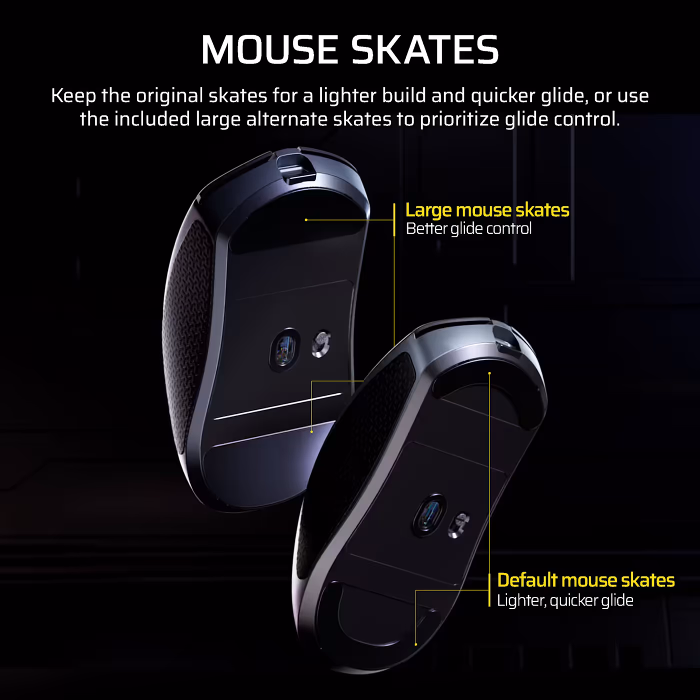 The default and larger alternate mouse skates supplied with the SABRE v2 PRO ULTRALIGHT