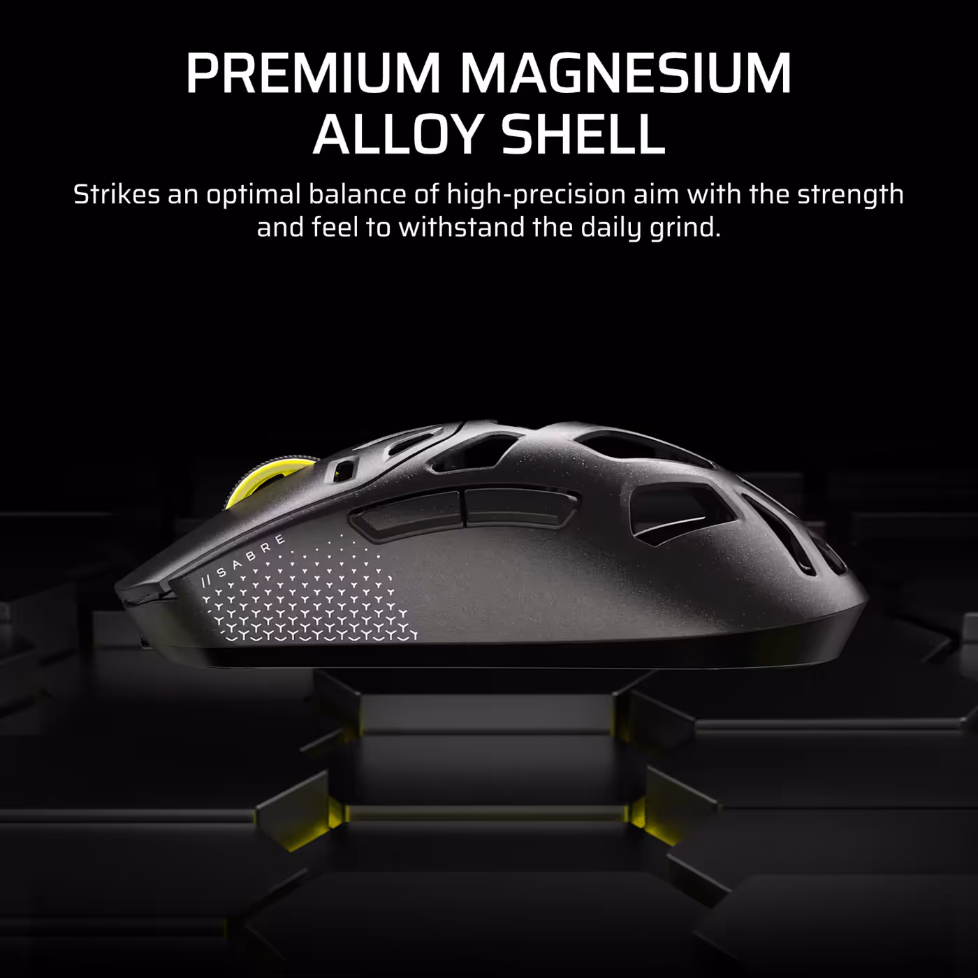 Feature graphic showing the premium magnesium alloy shell of the SABRE v2 PRO WIRELESS MG