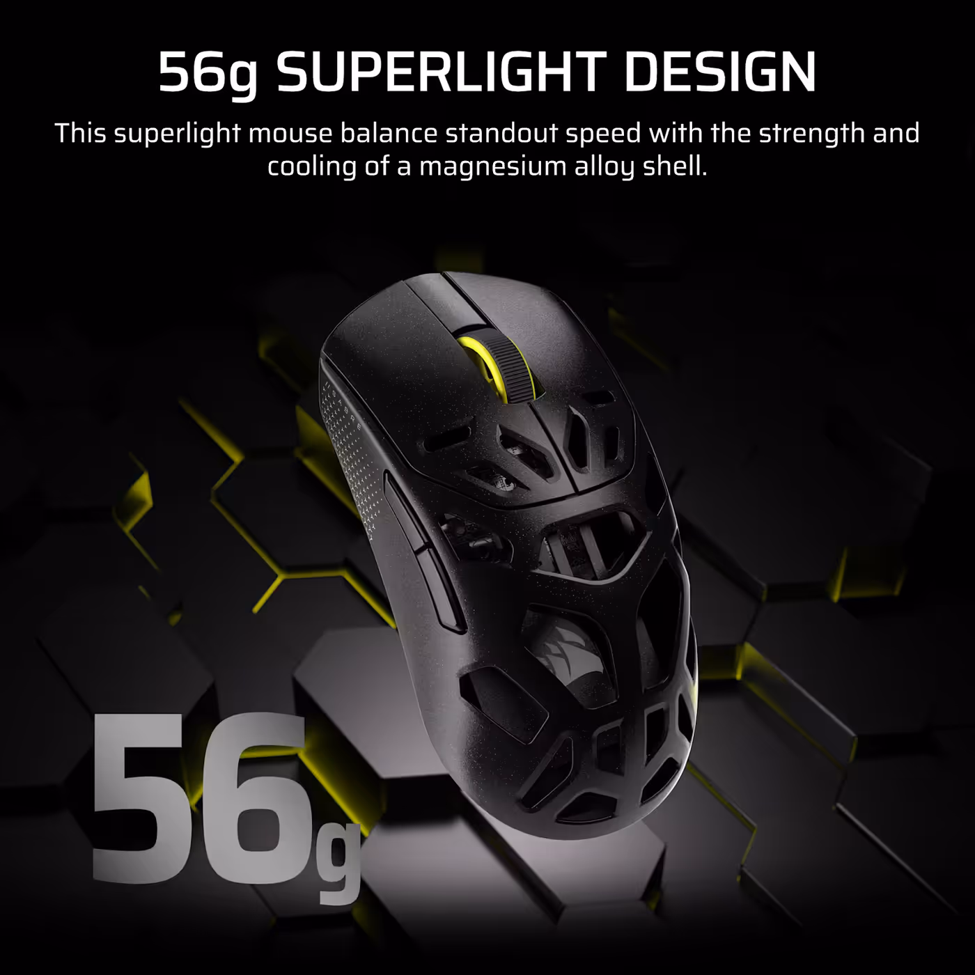 Graphic highlighting the 56g superlight design of the SABRE v2 PRO WIRELESS MG