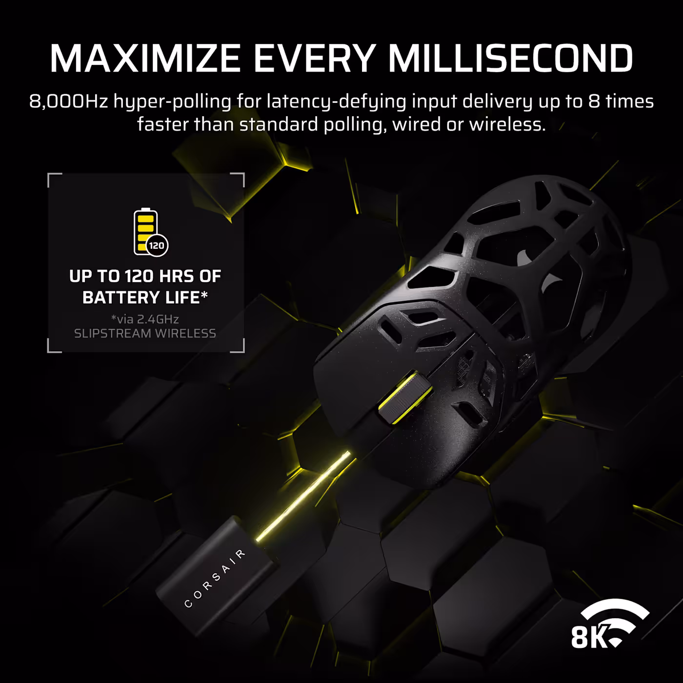 Graphic showing 8,000Hz hyper-polling and up to 120 hours of battery life
