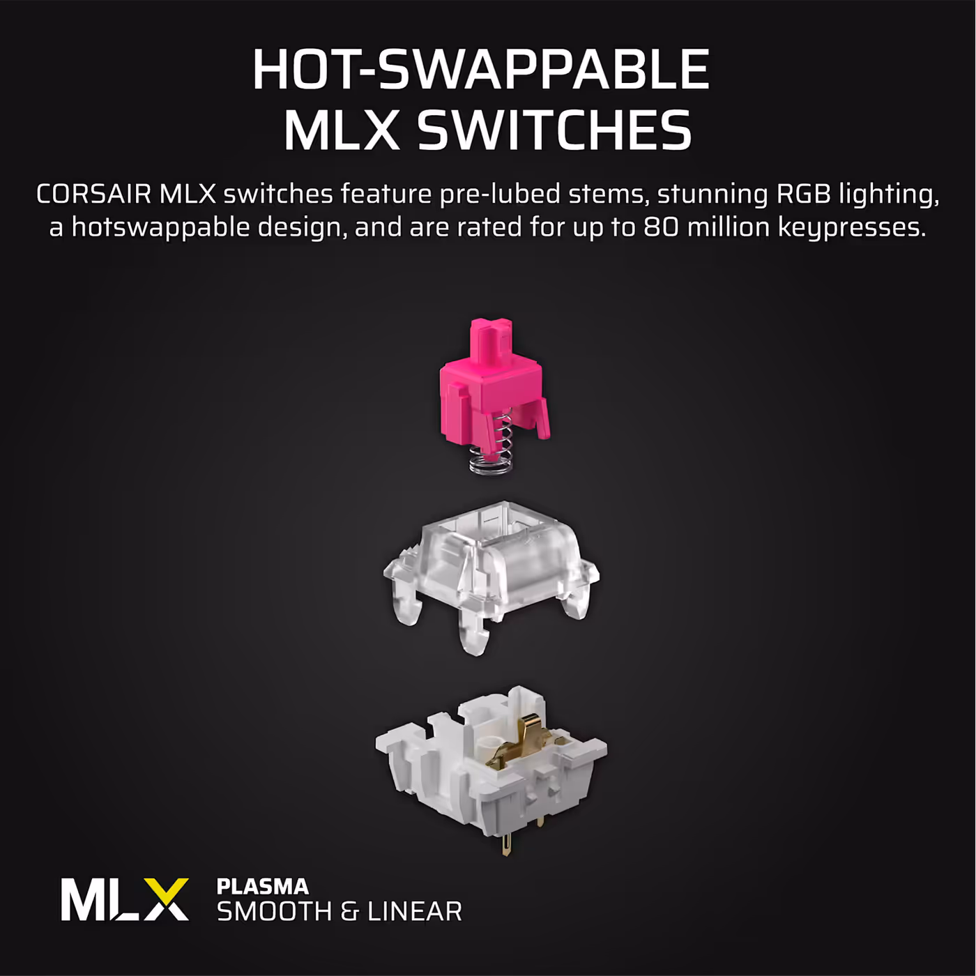 Exploded view of the hot-swappable CORSAIR MLX Plasma switch showing the pink stem and housing