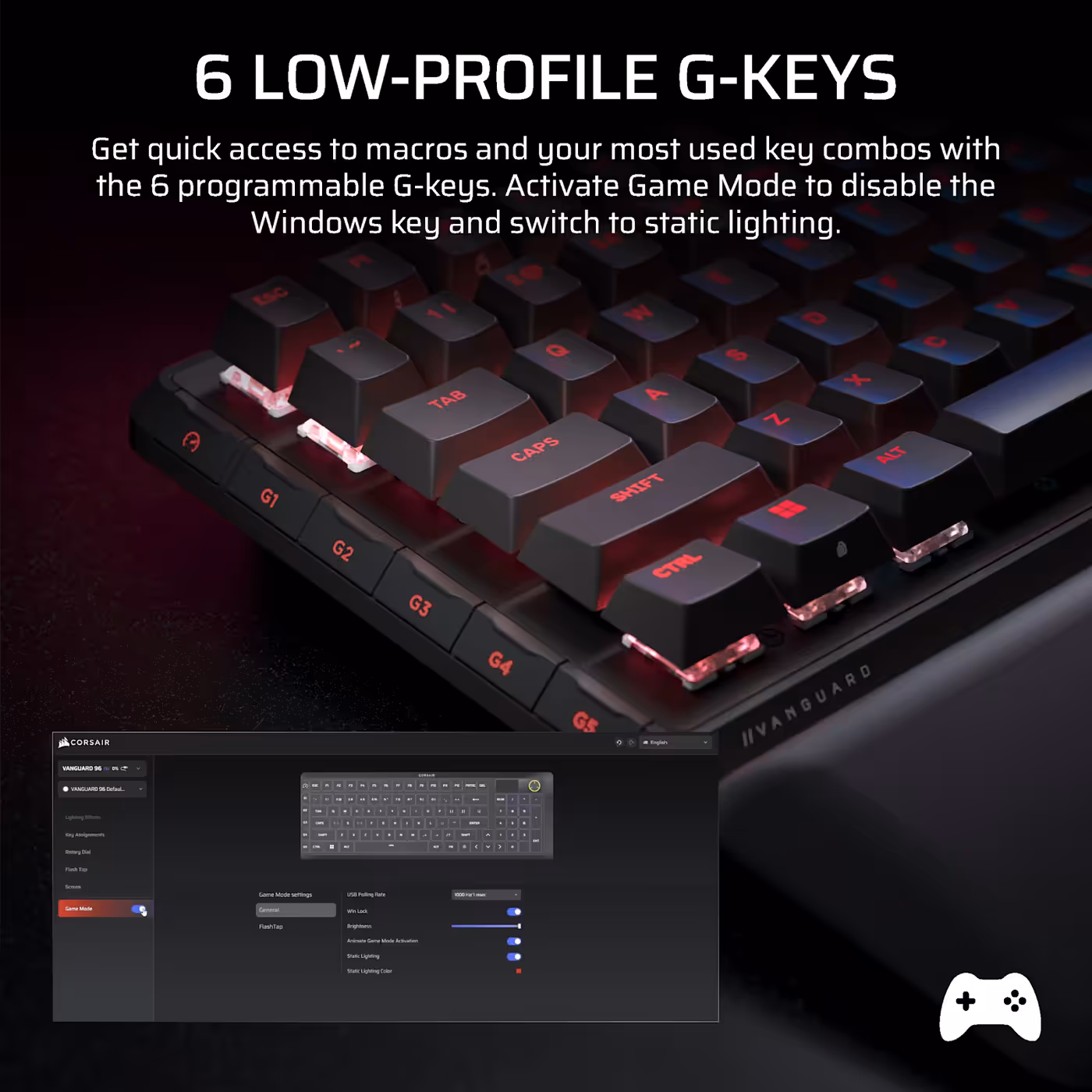 Side view of the six low-profile programmable G-keys on the left edge of the keyboard