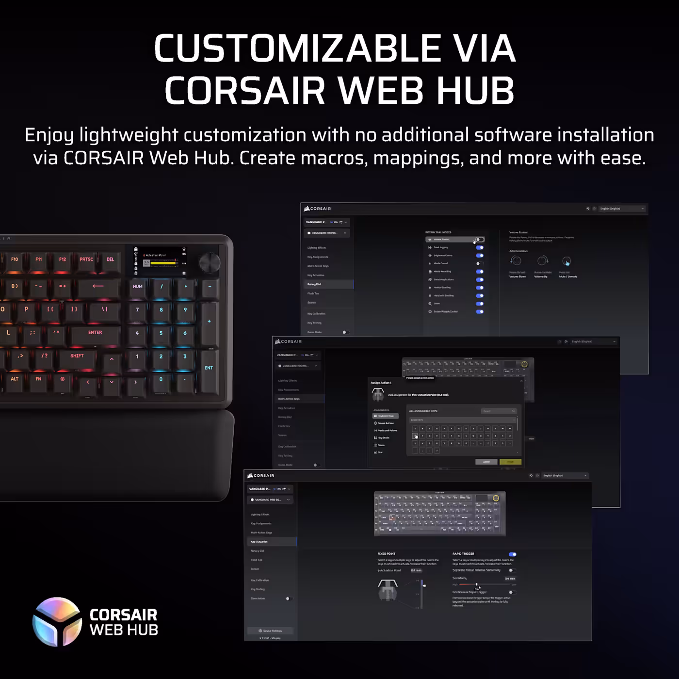 CORSAIR Web Hub browser interface shown alongside the keyboard