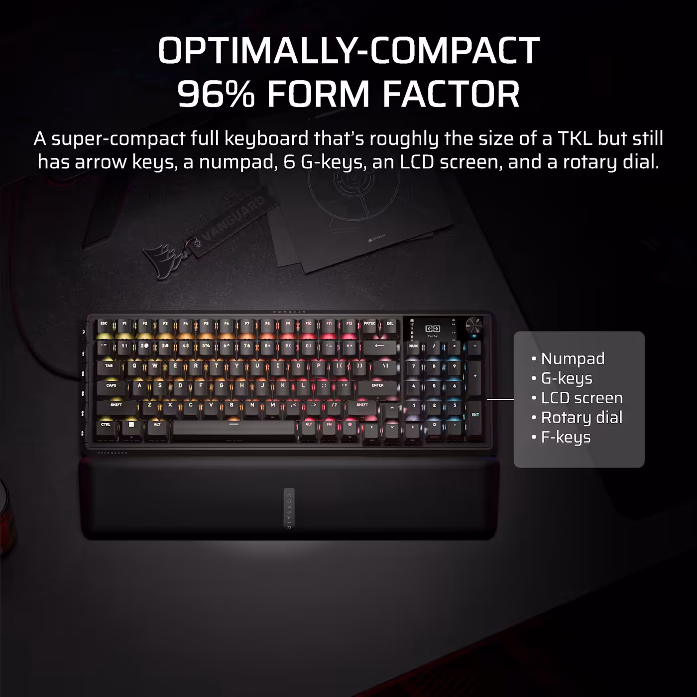 Top-down view of the VANGUARD PRO 96 showing the compact 96 percent layout with numpad, arrow keys, G-keys and rotary dial