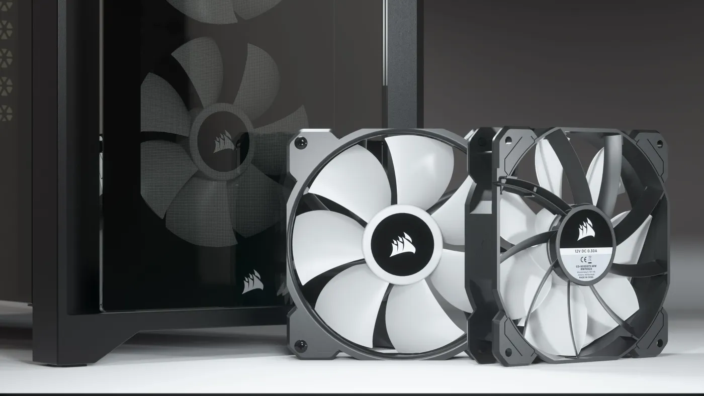Internal view of PC case showing CORSAIR 120mm AirGuide fans with anti-vortex technology