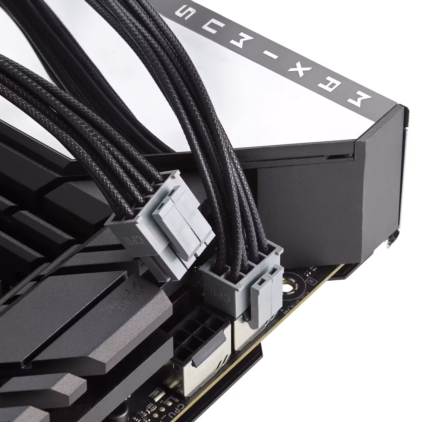 Close up on a set of CPU power cable connect to the motherboard