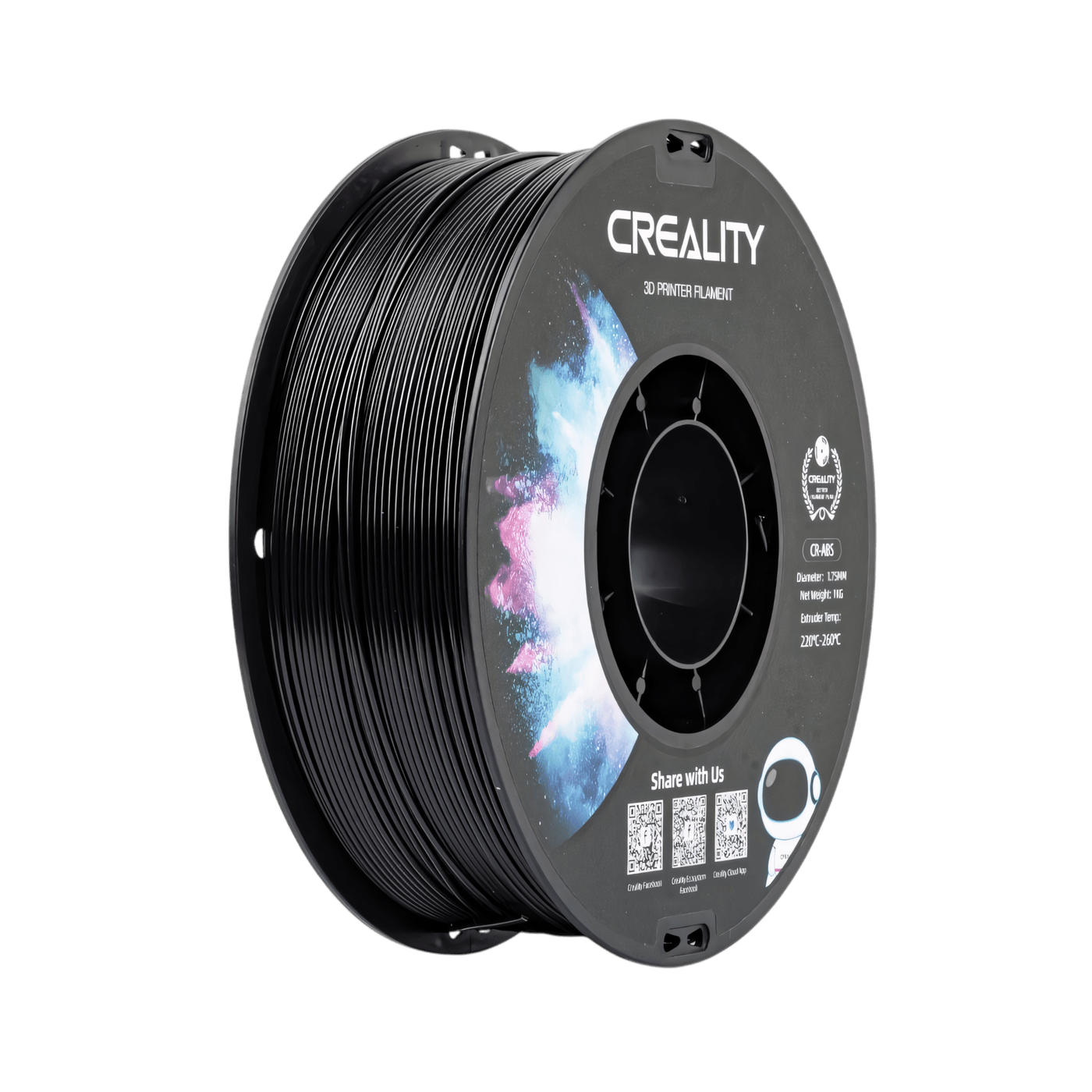 Creality CR-ABS Black filament spool showing 1.75mm diameter specification details