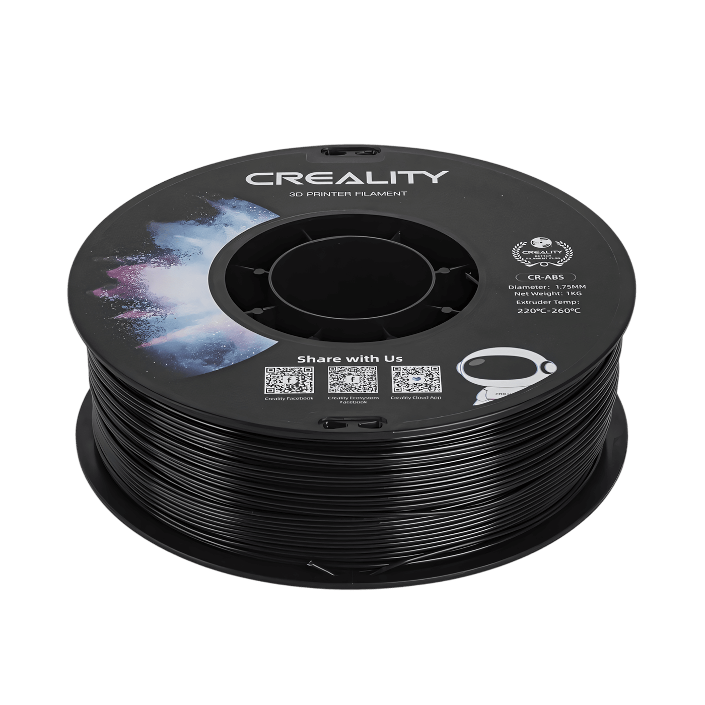 Creality CR-ABS Black filament spool paired with a finished 3D printed model