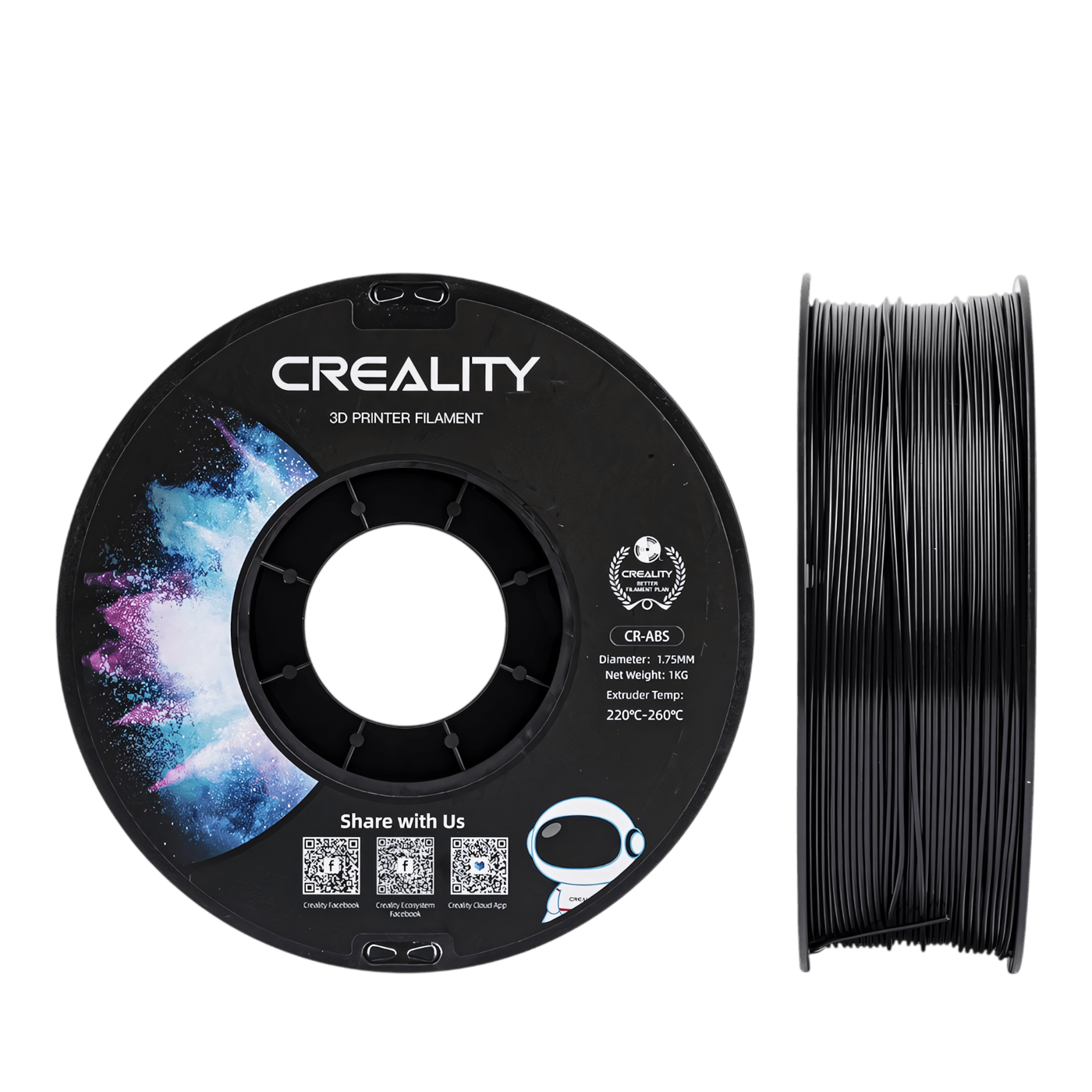 Side profile view of Creality CR-ABS Black filament spool for heated bed printing