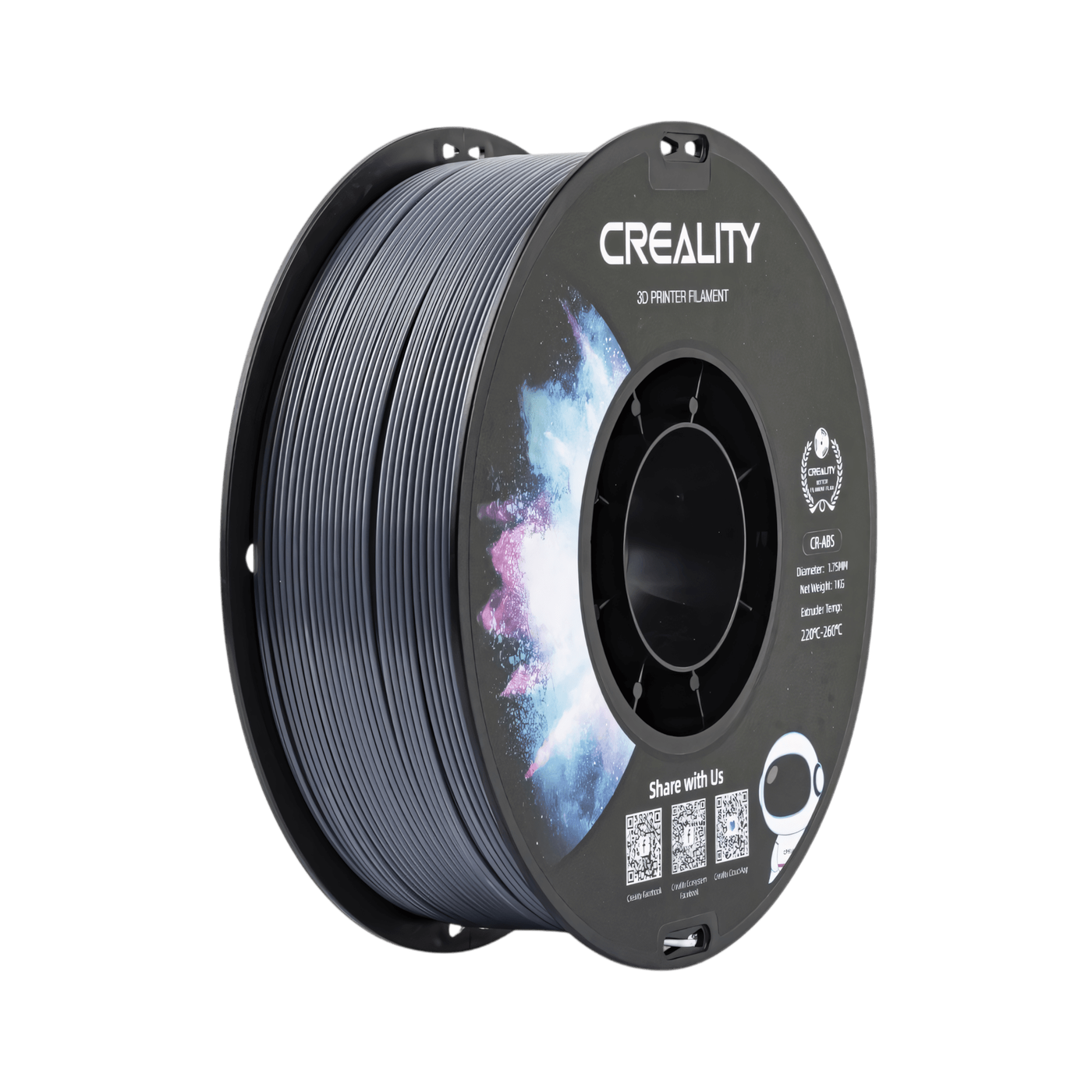 Creality CR-ABS grey filament spool showing 1.75mm diameter specification details