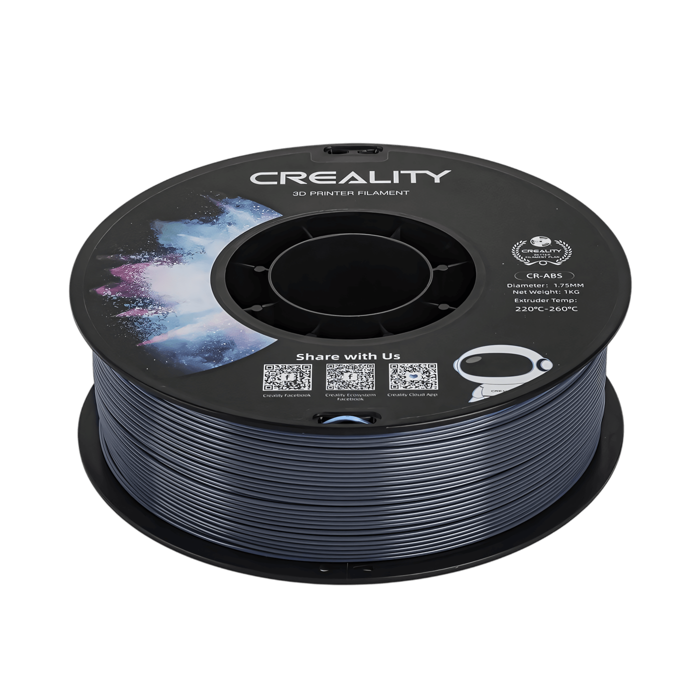 Side profile view of Creality CR-ABS grey filament spool for heated bed printing