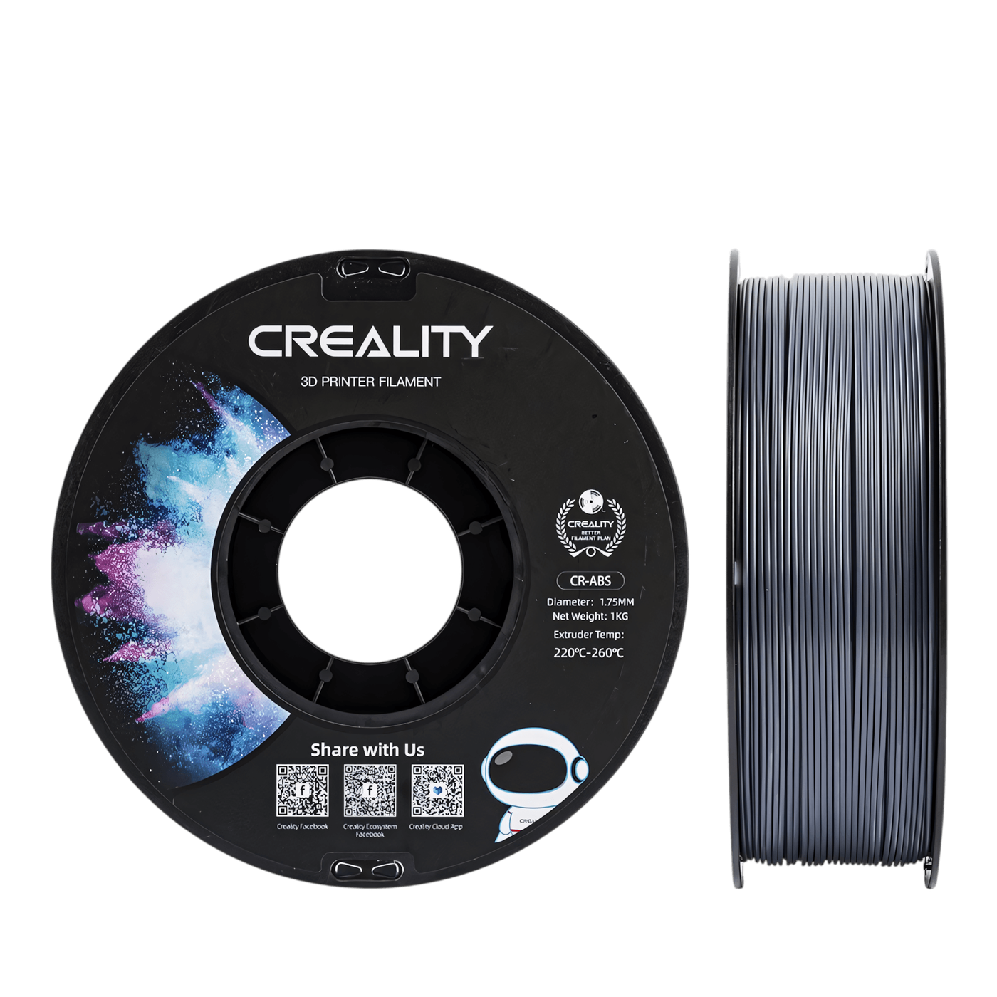 Creality CR-ABS grey filament spool paired with a finished 3D printed model