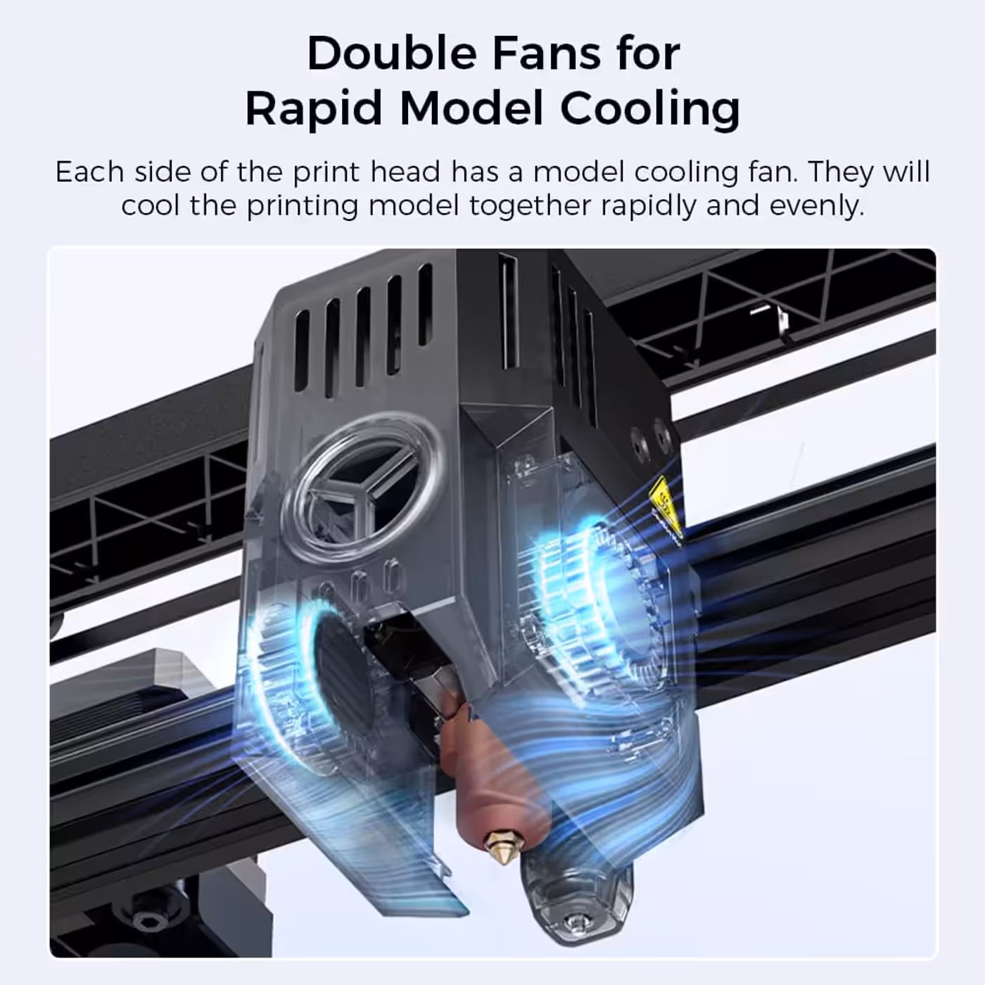 The Ender-3 V3 KE print head showing a model cooling fan on each side