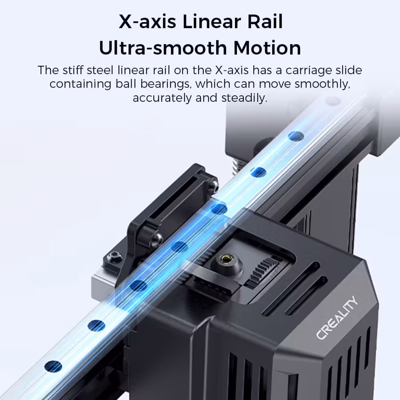 Close-up of the steel X-axis linear rail and ball-bearing carriage on the Ender-3 V3 KE