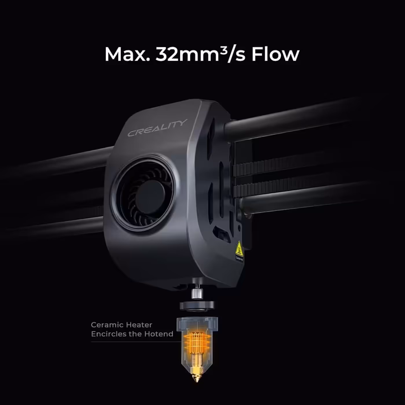 The Creality K1 Max ceramic heater encircling the hotend, rated to 32mm3/s flow