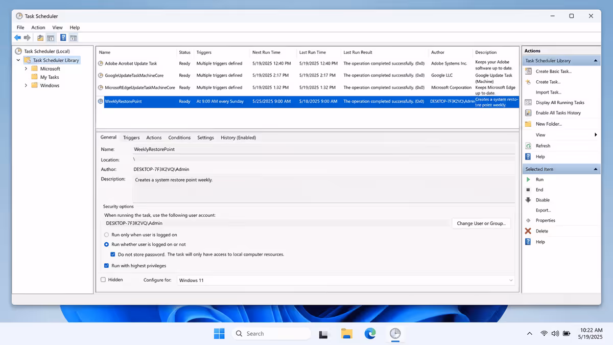 Task Scheduler showing WeeklyRestorePoint task