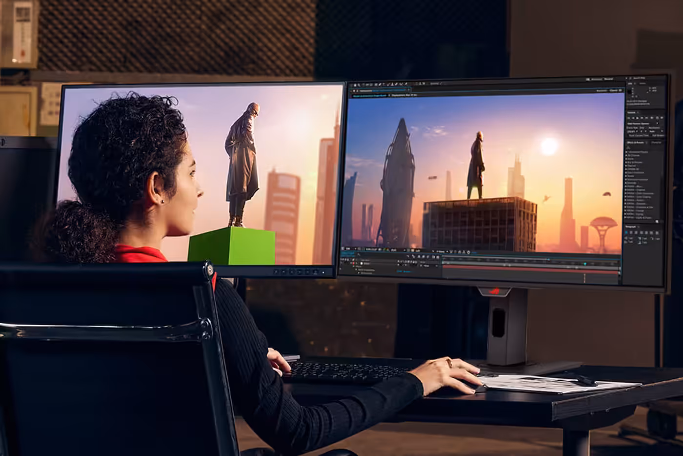 Woman editing a photo on a dual-monitor setup