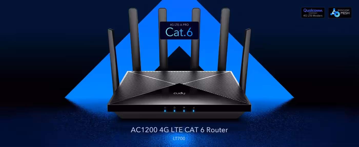 Cudy AC1200 4G LTE CAT 6 Wi-Fi router shown upright with its antennas raised