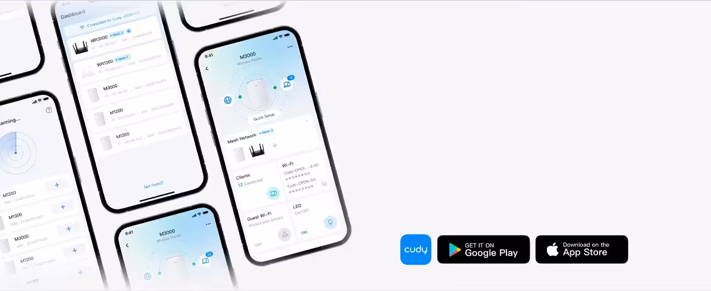 Smartphone managing the Cudy router settings next to the router itself