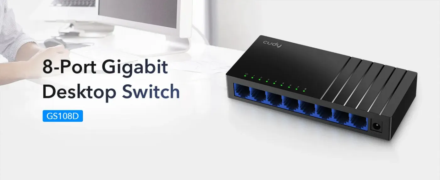 Cudy GS108D 8-port Gigabit desktop switch shown from the front with its blue ports