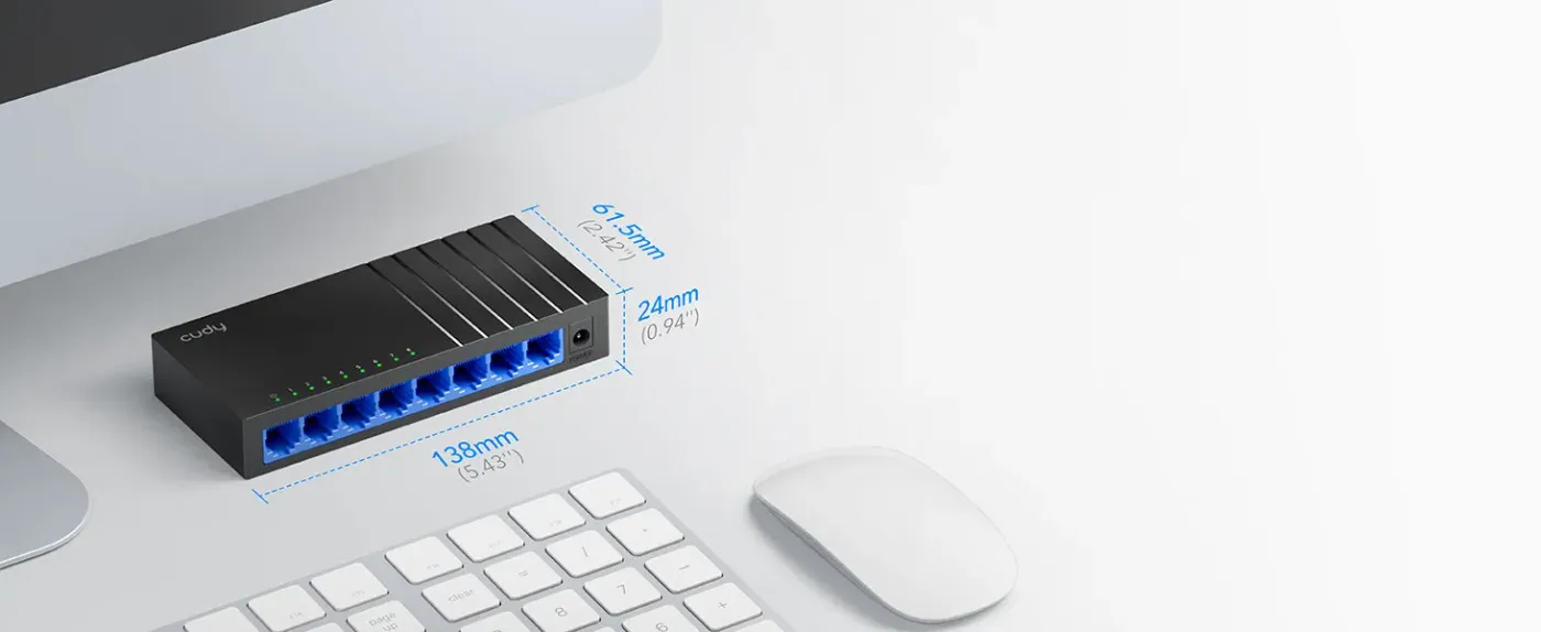 Compact Cudy GS108D switch showing its wave line casing and blue ports