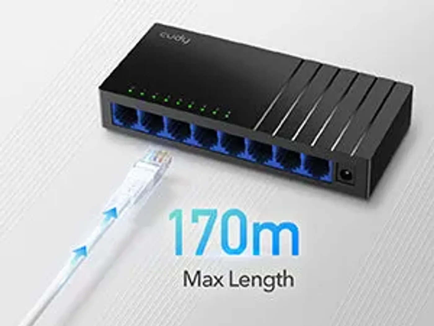 Diagram showing the 170 meter Gigabit transmission range of the Cudy GS108D