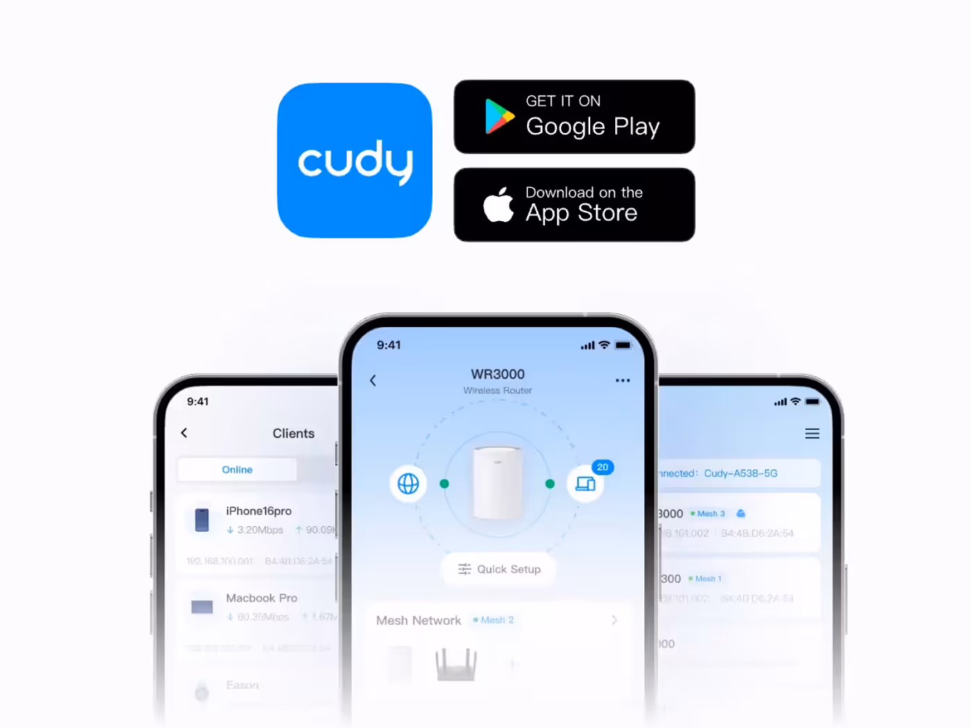 Mobile app interface for cloud and local network control using Cudy App
