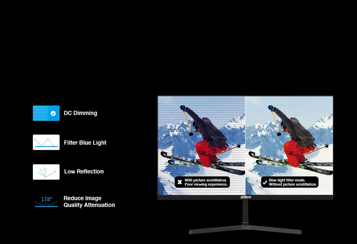 Dahua monitor showing warmer on-screen tones from the blue light filter setting