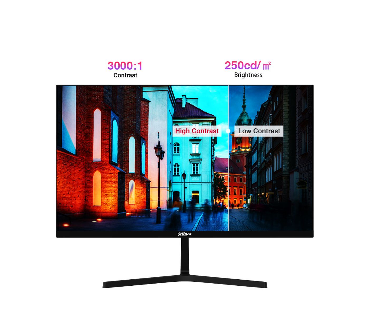 High-contrast dark and bright scene rendered on a Dahua monitor