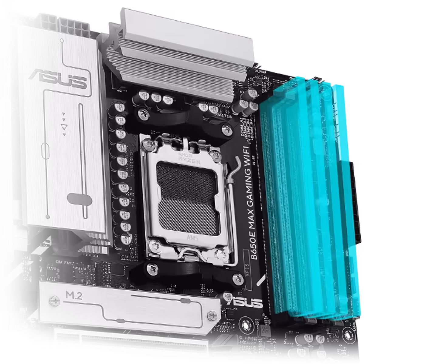 DDR5 memory slots on the B650E MAX GAMING WIFI motherboard ready for enthusiast kits