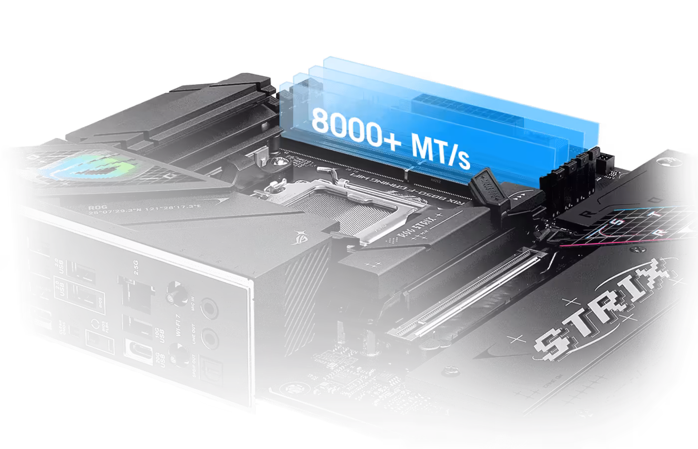 The Strix B850-F allows for memory overclocking speeds reaching 8400+ MT/s.