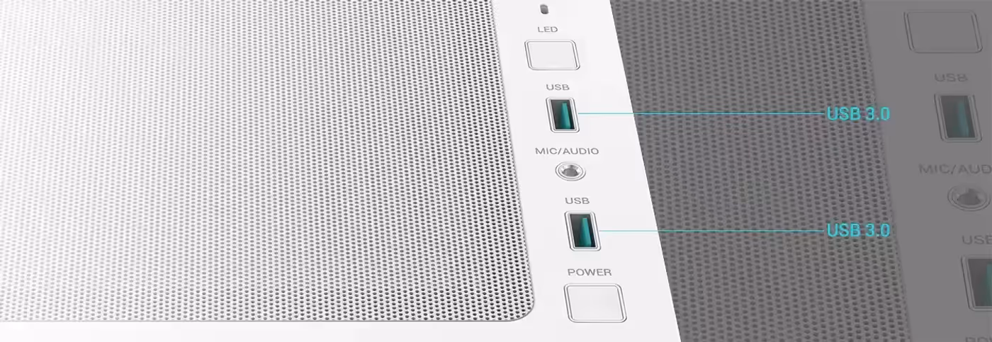 Top I/O panel with USB 3.0 ports and audio connectivity
