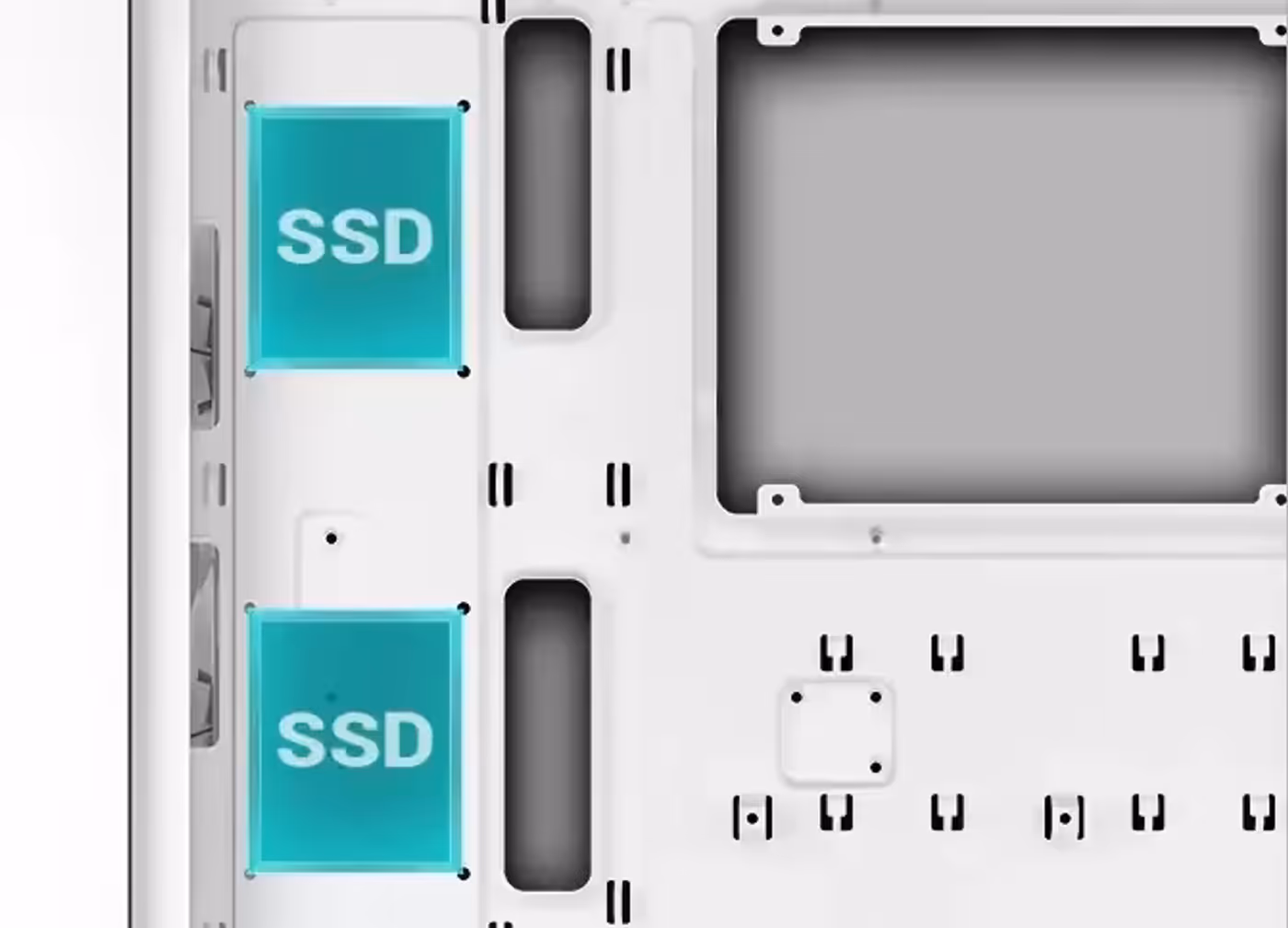 Internal drive bay configuration for SSD and HDD storage