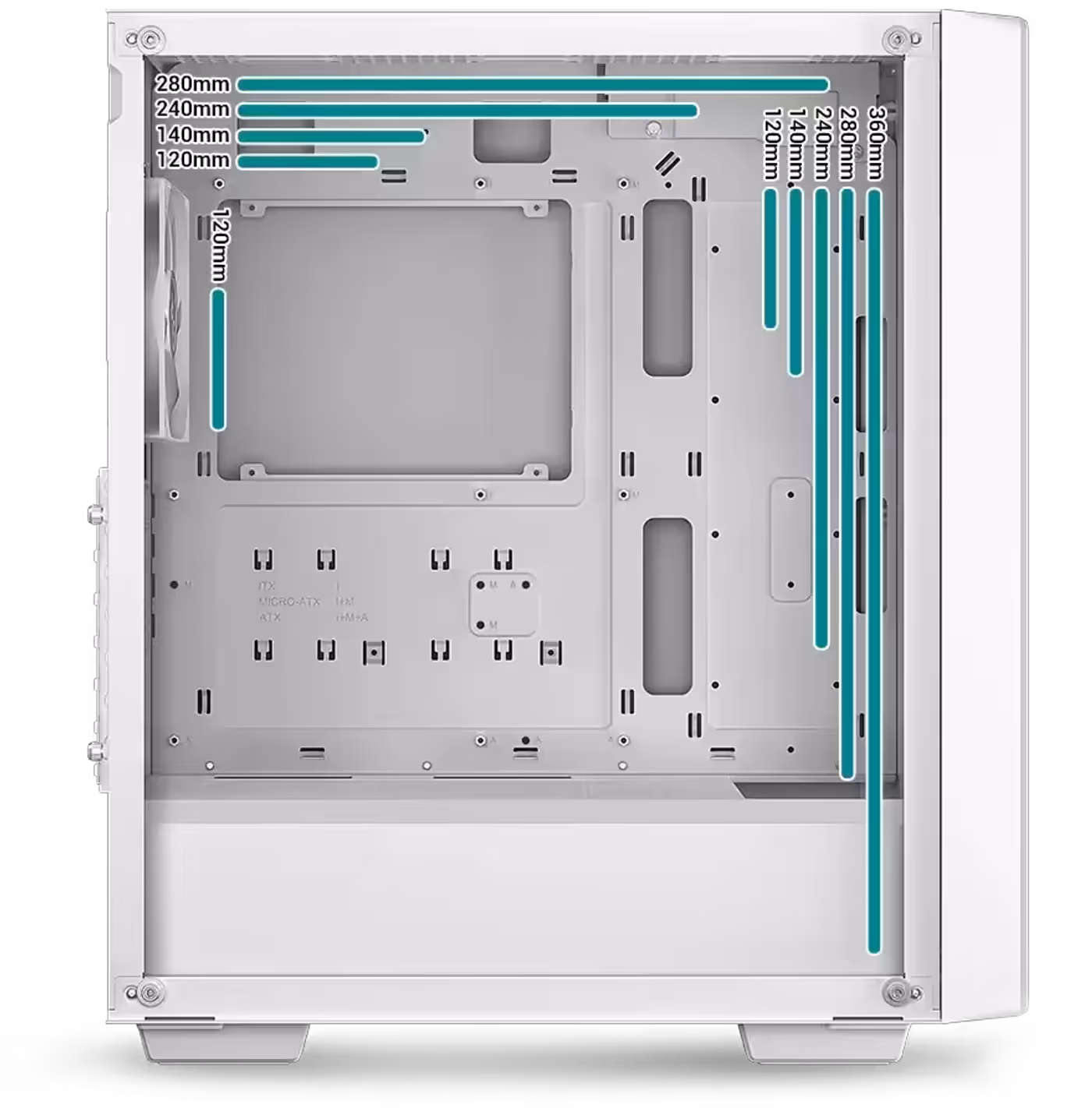 Internal view showing radiator mounting flexibility for AIO liquid cooling