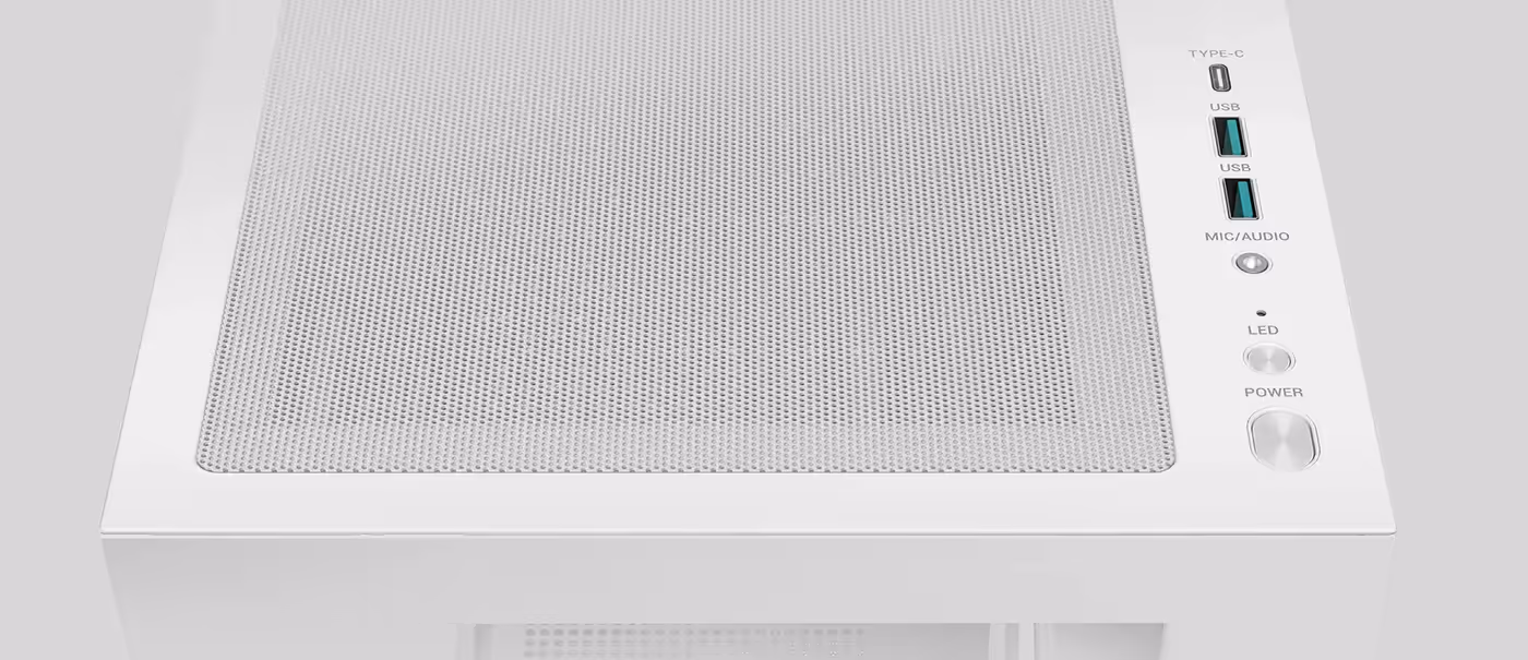 DeepCool CG580 4F White PC case top I/O ports and dust filter view