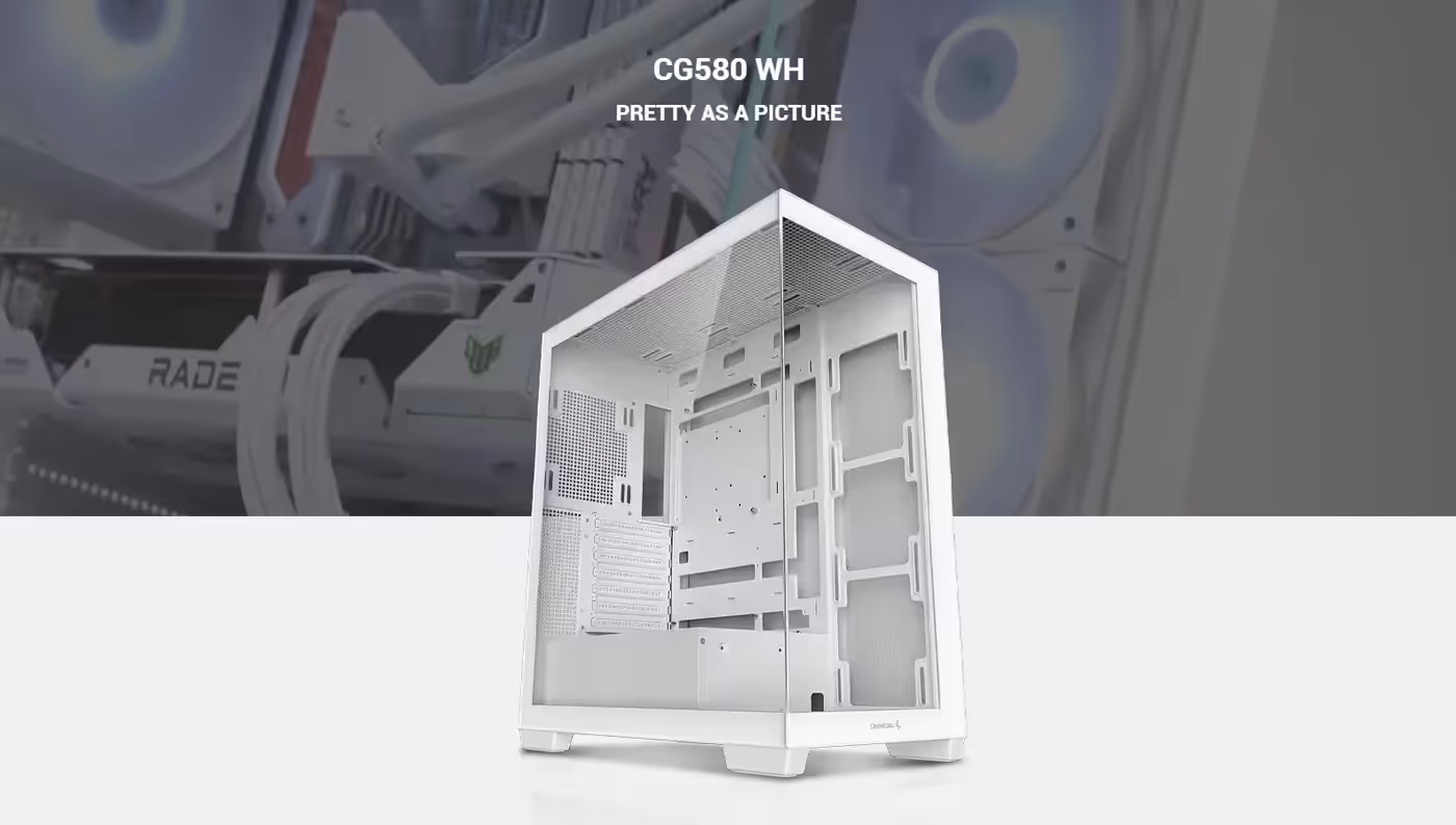 DeepCool CG580 white ATX mid tower case shown from the front three-quarter angle