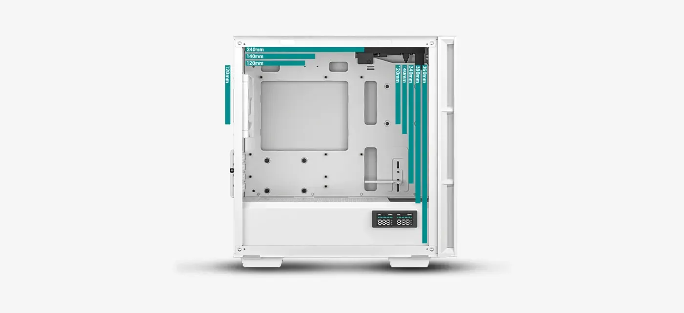 Maximum cooling performance configuration with radiator and fan support