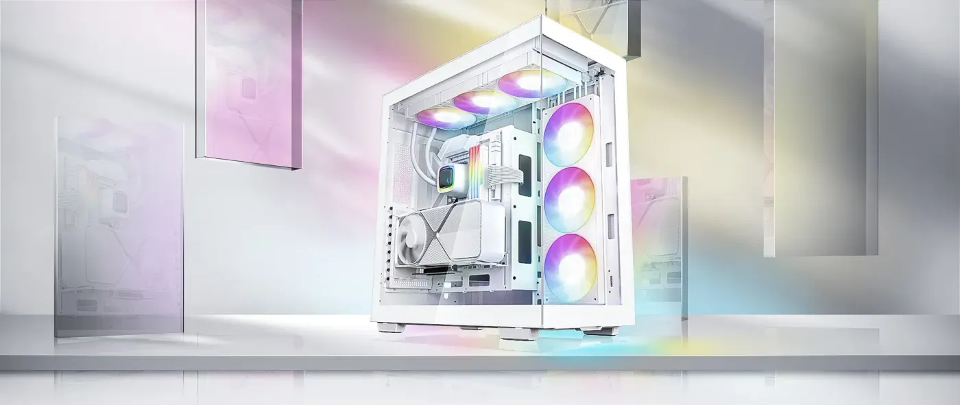 ARGB lighting from the pre-installed 140mm fans glowing inside the white chassis
