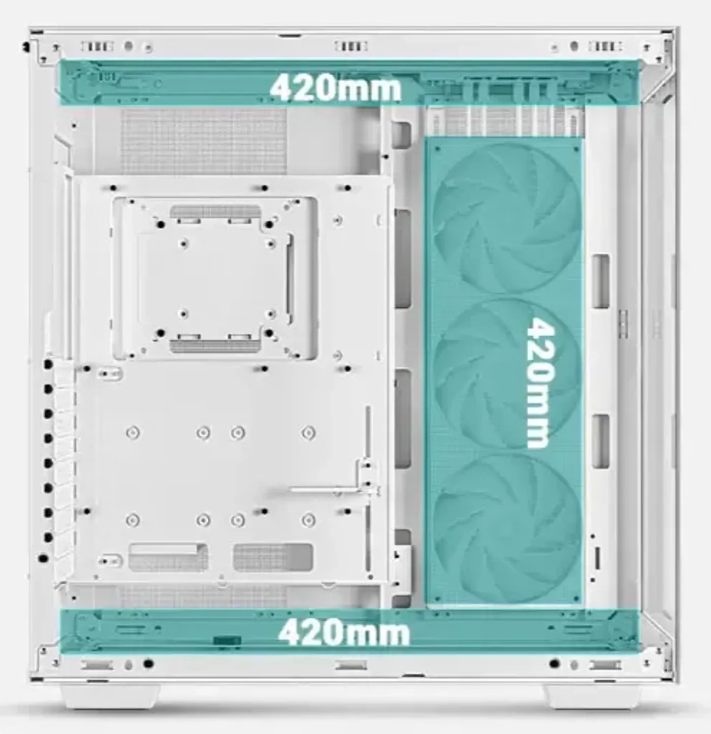 Modular fan rails in the white CH780 WH chassis ready for 120mm or 140mm fans
