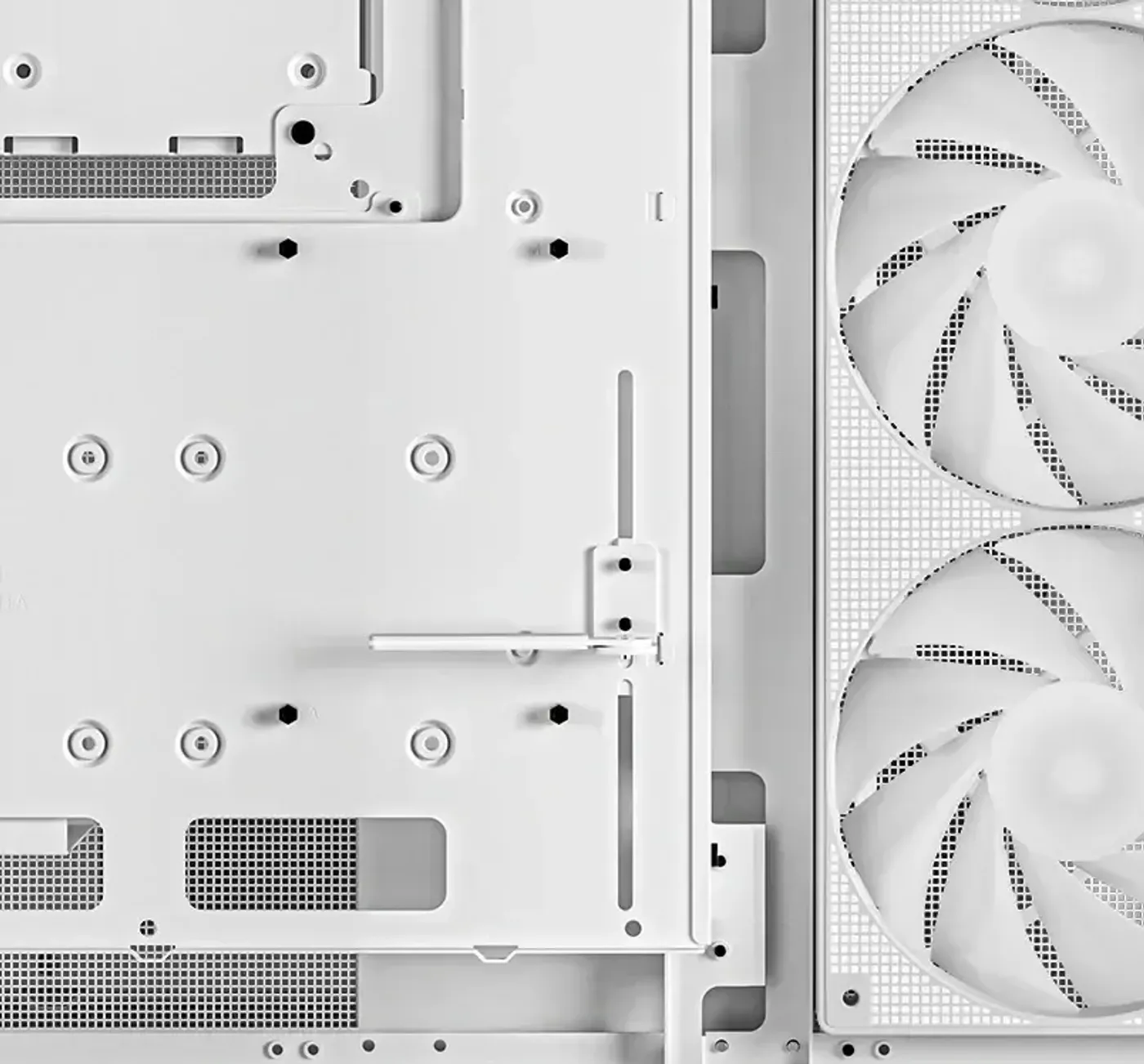 Built-in swing-out GPU support arm positioned under a graphics card