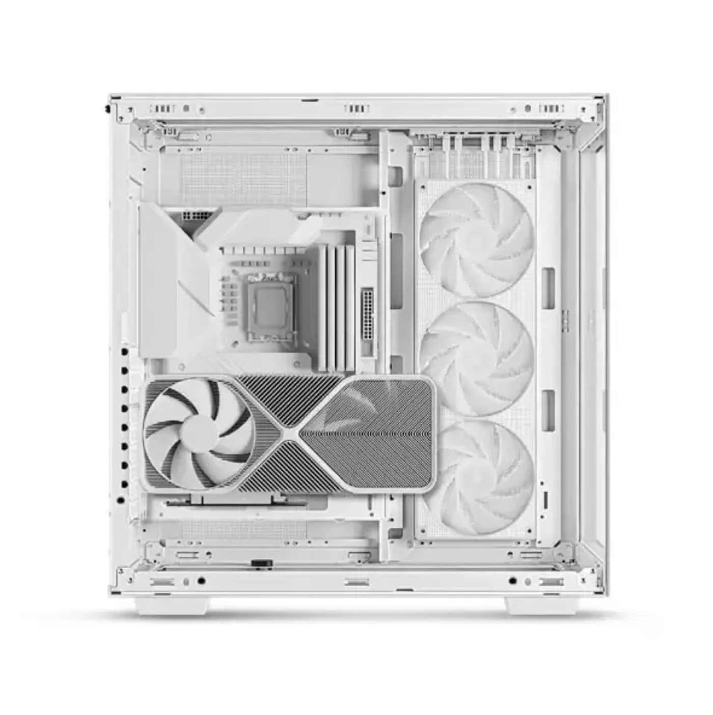 Interior of the CH780 WH showing E-ATX motherboard tray and graphics card clearance