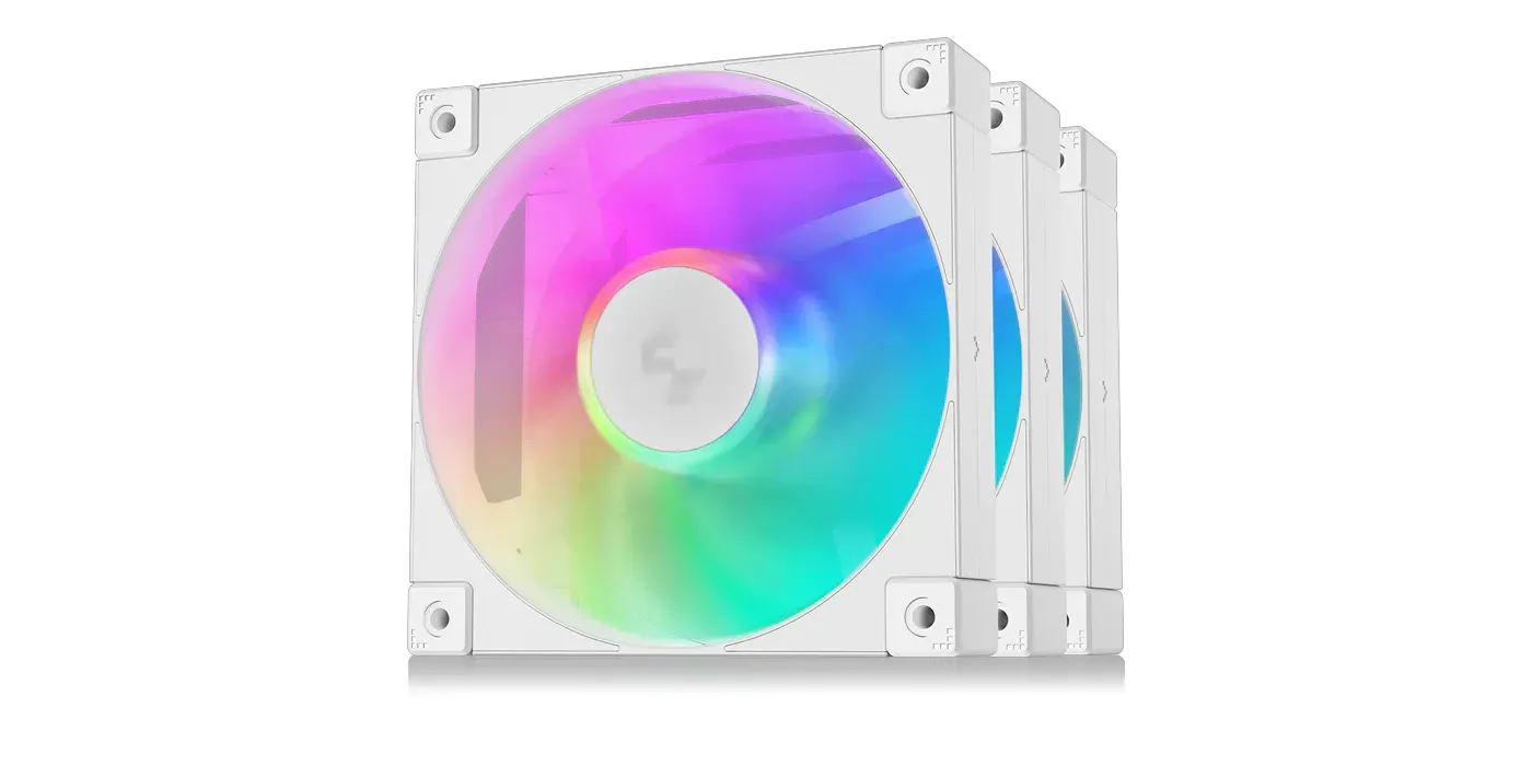 DeepCool FD12 ARGB WH 3-in-1 RGB PC case fan showing active RGB lighting