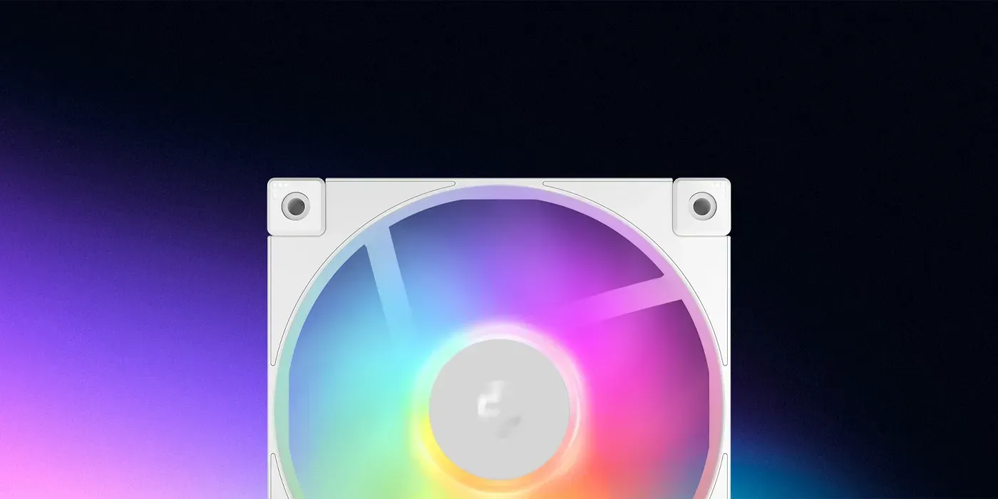 DeepCool FD12 fan hub illuminated with vibrant customizable ARGB lighting